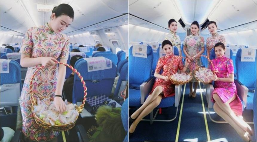 元宵节奥凯航空空姐高空穿旗袍向乘客送汤圆