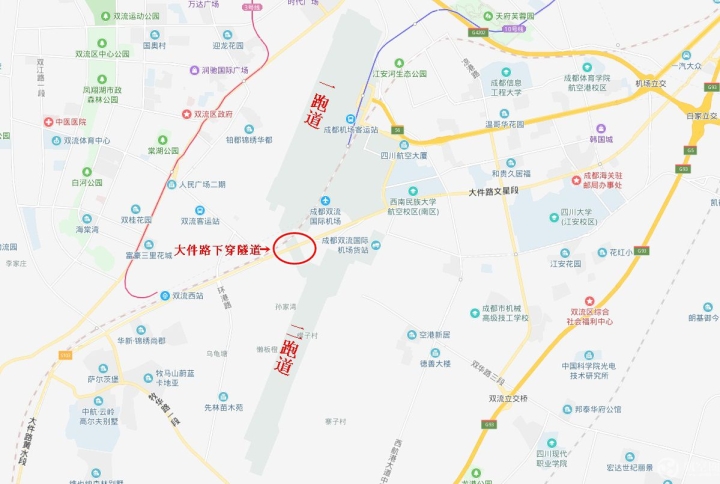 成都双流国际机场二跑道大件路下穿隧道位置示意图