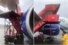 机场遭遇大风 一家航空公司的梯子撞坏竞争对手的飞机